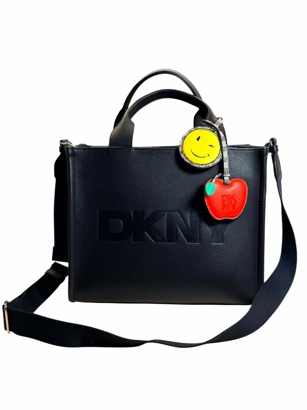 DKNY Hadlee Medium Tote Bag with Smiley and Apple Charms - Black